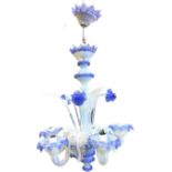 A murano glass chandelier, the opalescent fluted column mounted with blue lustre twisted marbled