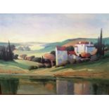 Lay Slette, oil on canvas, extensive European landscape with buildings and lake to foreground,