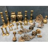 Miscellaneous brass including seven pairs of candlesticks - some nineteenth century, a pair of