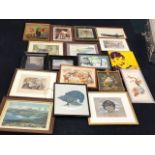 A quantity of framed pictures - photographs, nineteenth century engraving of dog sheering, oriental,