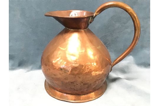 A Victorian copper harvest jug, the shaped spout & rim with soldered assay prunt, having riveted - Image 1 of 3