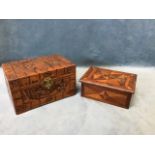 A Victorian walnut sewing box with geometric inlaid decoration, having floral lined interior; and an