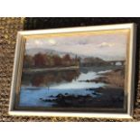 William Miller Frazer, oil on canvas, river landscape with arched bridge, signed & framed. (11.5in x