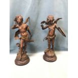 Moreaux, a pair of late Victorian French spelter bronzed winged putti figurines titled Badinage &
