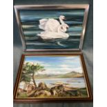 Margaret Stott, oil on board, study of swans, signed & framed; and another signed & framed loch