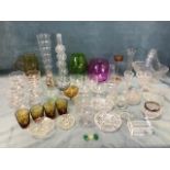 Miscellaneous glass including sets of sundae dishes, vases, art glass, an amber cordial set with