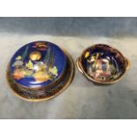 A Maling muffin dish & cover decorated in a moonlight landscape scene with flying ducks on blue