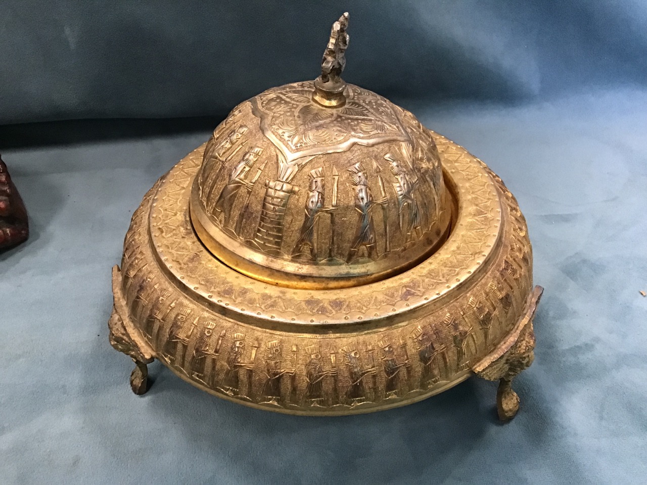 An eastern brass casket with Islamic decoration in copper and pewter to panels, the interior with - Image 3 of 3