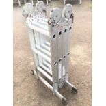 A portable extending 10ft ladder hinging in four sections, each with three ribbed rungs, the