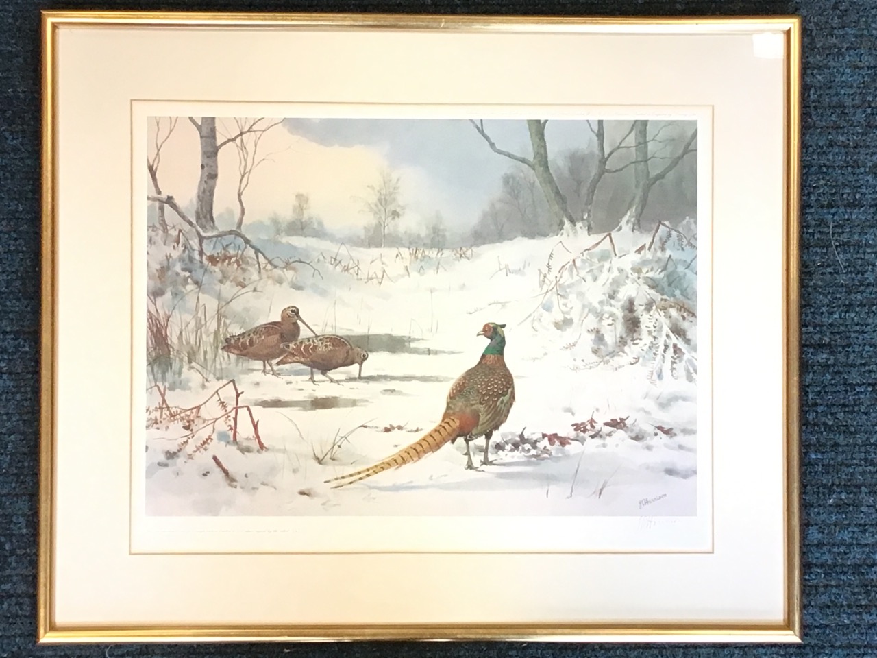 JC Harrison, lithographic coloured print, cock pheasant and woodcock in snowy landscape, signed - Image 3 of 3