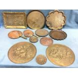 Twelve miscellaneous copper & brass trays & platters - pairs, benares, alehouse embossed, scalloped,