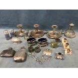 Miscellaneous silver plate including three old Sheffield plate candle nightlights on saucers,