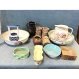Miscellaneous ceramics including a floral Staffordshire jug & basin, a studio pottery J West jug,