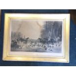 JW Snow, Victorian monochrome engraving, The Meet at Blagdon, landscape with horses & hounds in