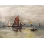 P Kelly, late nineteenth century oil on canvas, sailing boats at sunset with figures aboard,