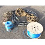 Miscellaneous ropes, string and cords including a drum, a thick ships tie, sash cord, twine, etc. (A