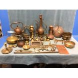 Miscellaneous copper & brass including jardinières, a Victorian brass kettle, vases, jugs, a