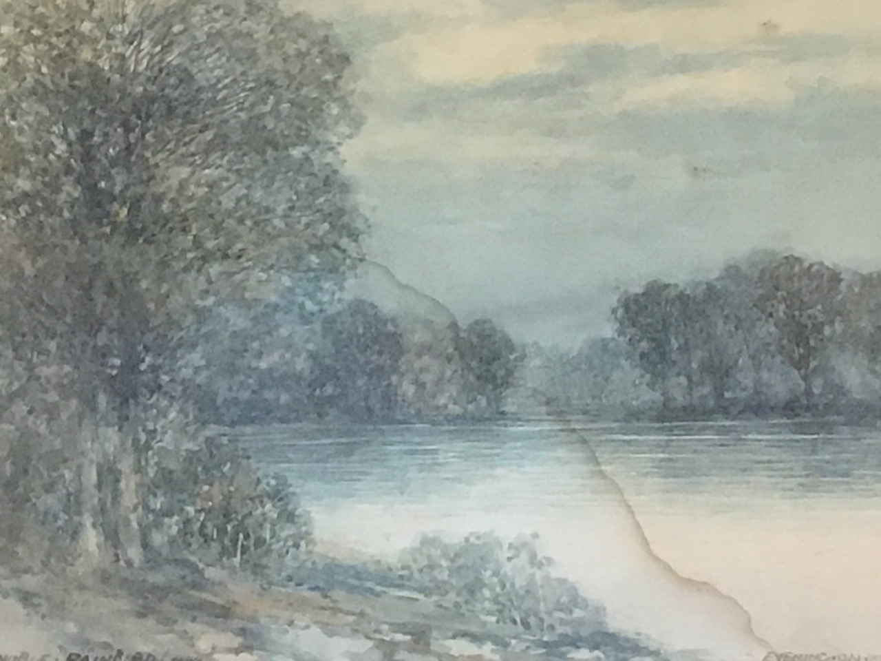 Victor Noble Rainbird, watercolour, river landscape with trees, titled Evening on the Tweed,