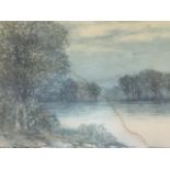 Victor Noble Rainbird, watercolour, river landscape with trees, titled Evening on the Tweed,