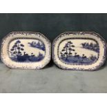 A pair of eighteenth century Chinese export octagonal dishes decorated with deer in landscapes