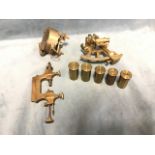 A miniature brass sextant; five tubular brass canisters with screw lid - Ross of London, Leitz, etc;