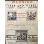 A 1951 framed garage safety poster for dealing with pneumatic tyres, in original painted frame. (