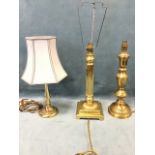 A brass tablelamp with fluted column on square stepped base; another brass lamp of fluted leaf