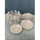 A leaf moulded glass punch bowl with twelve cups, and a matching dinner service with plates &