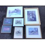 Miscellaneous framed prints including a Nigel Hemming spaniel in winter landscape, a pair of hound