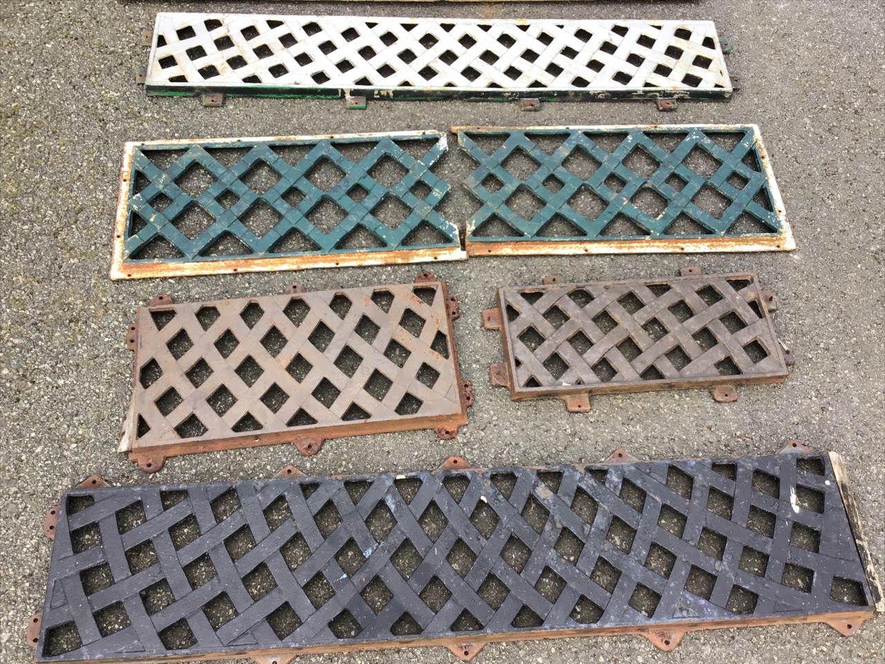 Eight metal grill type rectangular cast iron panels from garden seats, some with entwined foliage, - Image 3 of 3