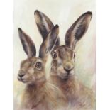 Ruth Aslett, box canvas print, study of two hares, titled to verso Watching and Waiting,