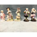 A pair of Dresden porcelain child figurines - he playing flute with dog, and she with flowers and