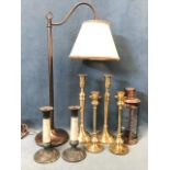 Three pairs of candlesticks - tall brushed brass, wood column and weighted brass; a copper ships