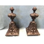 A pair of Victorian chisel carved oak finials, with acanthus leaf square bases supporting