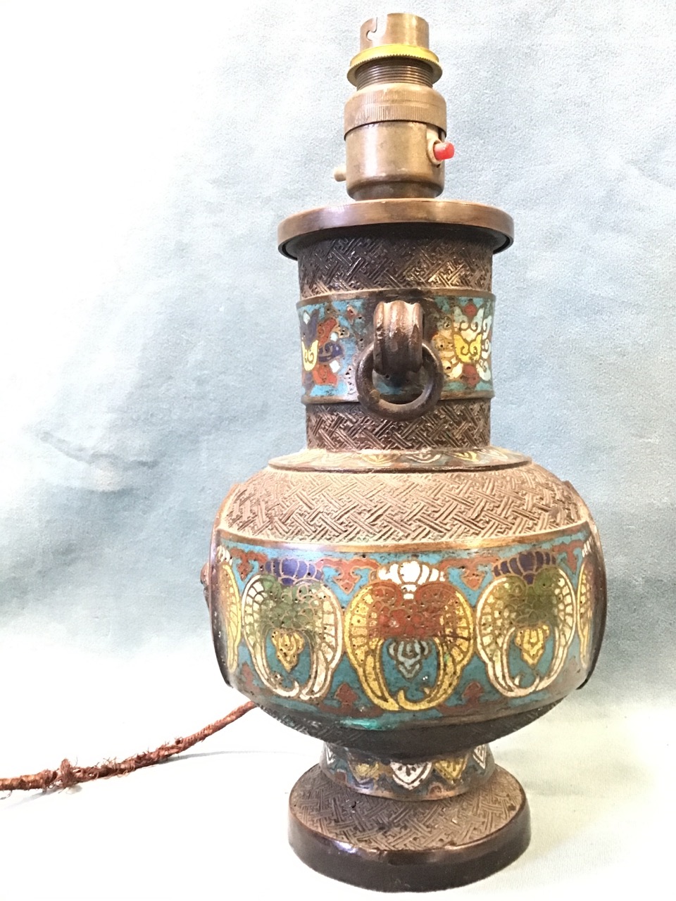 A nineteenth century bronze cloisonné vase converted to a tablelamp, with three bands of stylised - Image 3 of 3