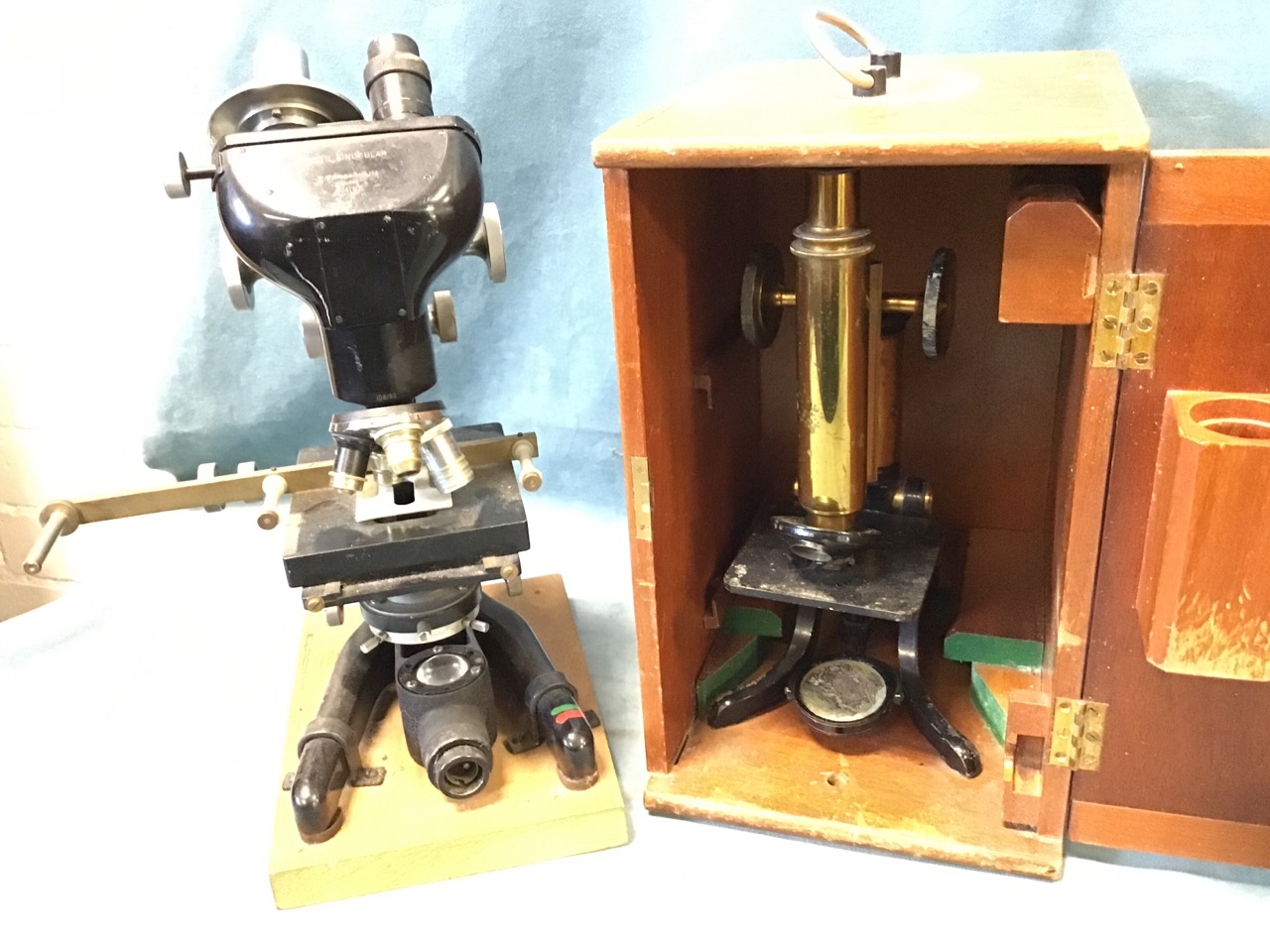 A large microscope by W Watson & Sons Ltd, the bactil binocular with electric light, four lenses, - Image 3 of 3