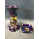 A Maling waisted vase decorated in the galleon pattern with ship on purple/blue lustre ground - 7.