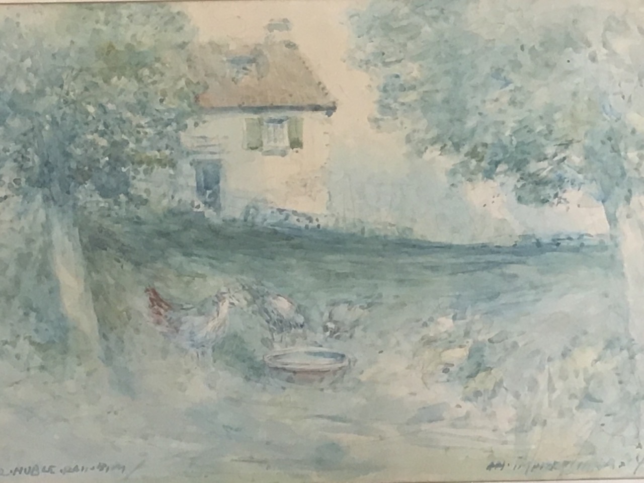 Victor Noble Rainbird, pencil & watercolour, garden landscape with cottage and chickens, titled An