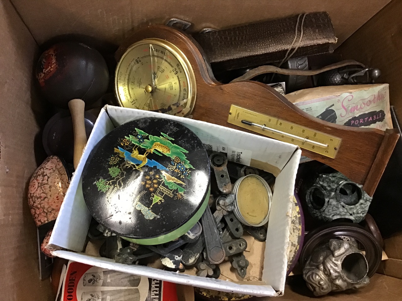 Three boxes of miscellaneous collectors items including coin trays, tin, wartime binoculars, leather - Image 2 of 3