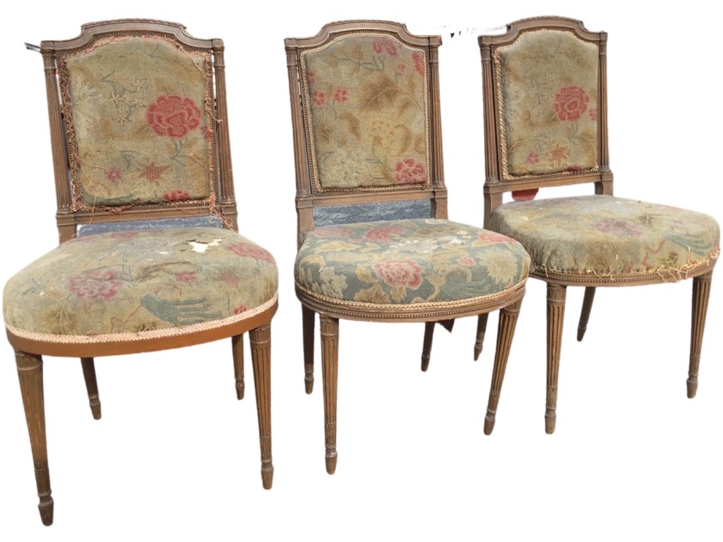 A set of three nineteenth century dining chairs with woolwork tapestry upholstery, the arched