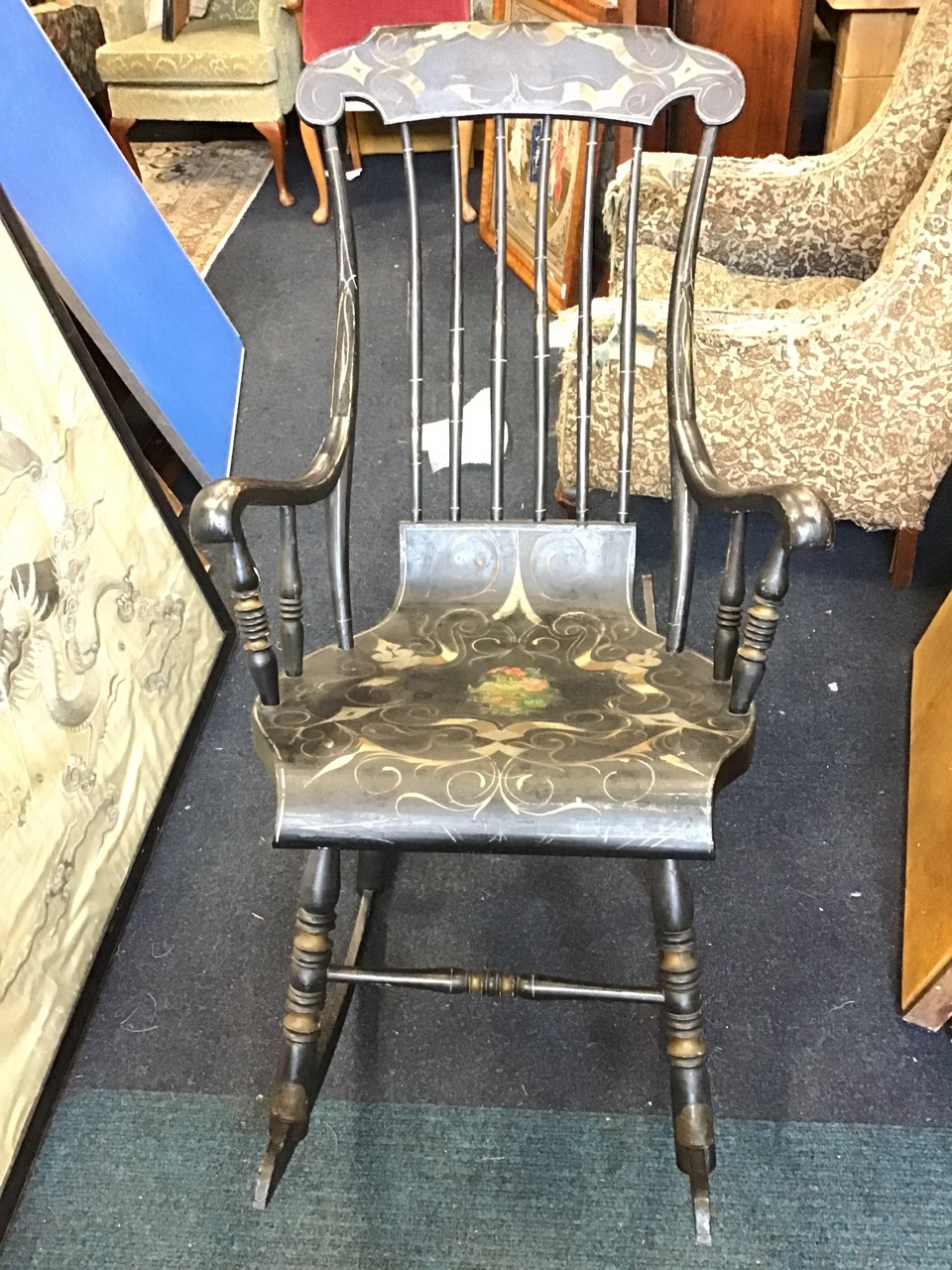 An unusual nineteenth century rocking chair in original painted finish with ribbon scrolling on - Image 2 of 3