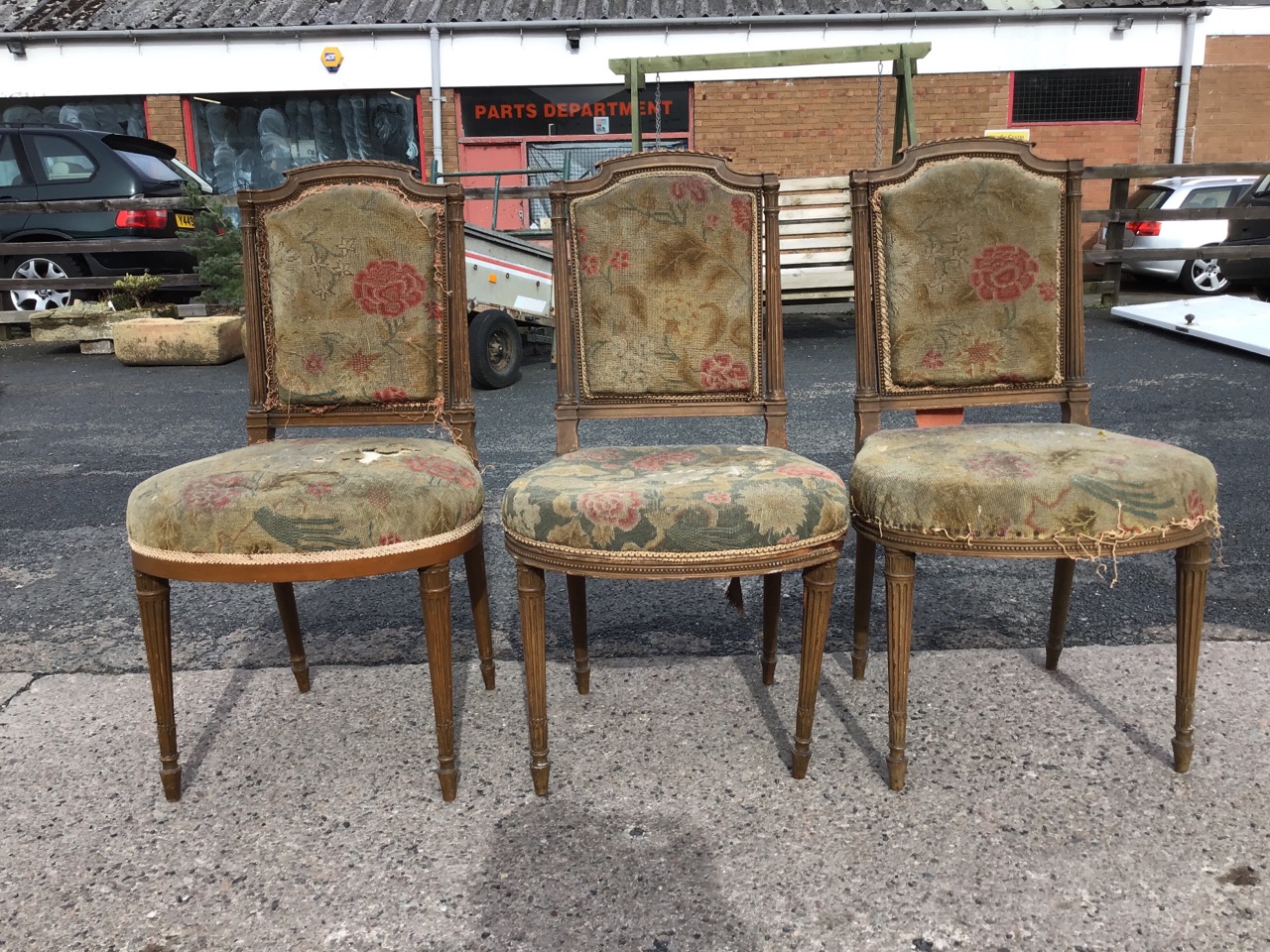 A set of three nineteenth century dining chairs with woolwork tapestry upholstery, the arched - Image 2 of 3