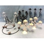 Six modern candelabras - wrought iron, a three-branch pair with crystals drops, rope tasseled,