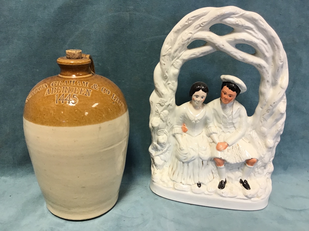 A Victorian flatback pair of young lovers beneath bower; a salt glazed stoneware Buchan spirit jar - Image 2 of 3