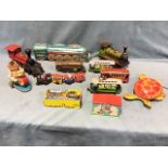 A box of tinplate toys - engines, trams, American, a clockwork drummer on wheels, trains, a Mobo