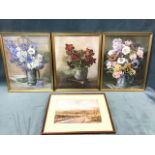 A signed & framed Walter Holmes print of Whittingham; and a set of three gilt framed floral Winifred