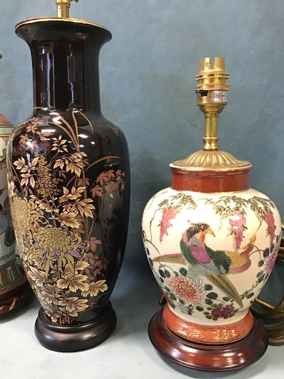 Four chinoiserie ceramic vase type tablelamps - family verte on carved stand, cloisonné style on - Image 2 of 3