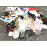 Four boxes of textiles, fabric, costume - embroidery, bolts of cloth, handbags, crochetwork, hats,