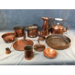 A collection of miscellaneous nineteenth century copper - pans & covers, pots, a kettle with glass