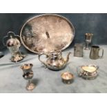 Miscellaneous silver plate including a large oval galleried drinks tray, an egg boiler, a cube